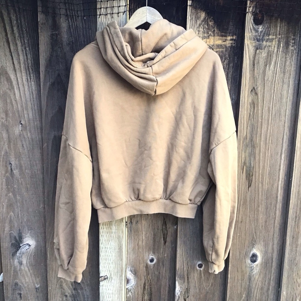 POPFLEX Women's S/M Cropped Oversized Zip Up Hoodie Tan Beige Missing Drawstring - Picture 6 of 7